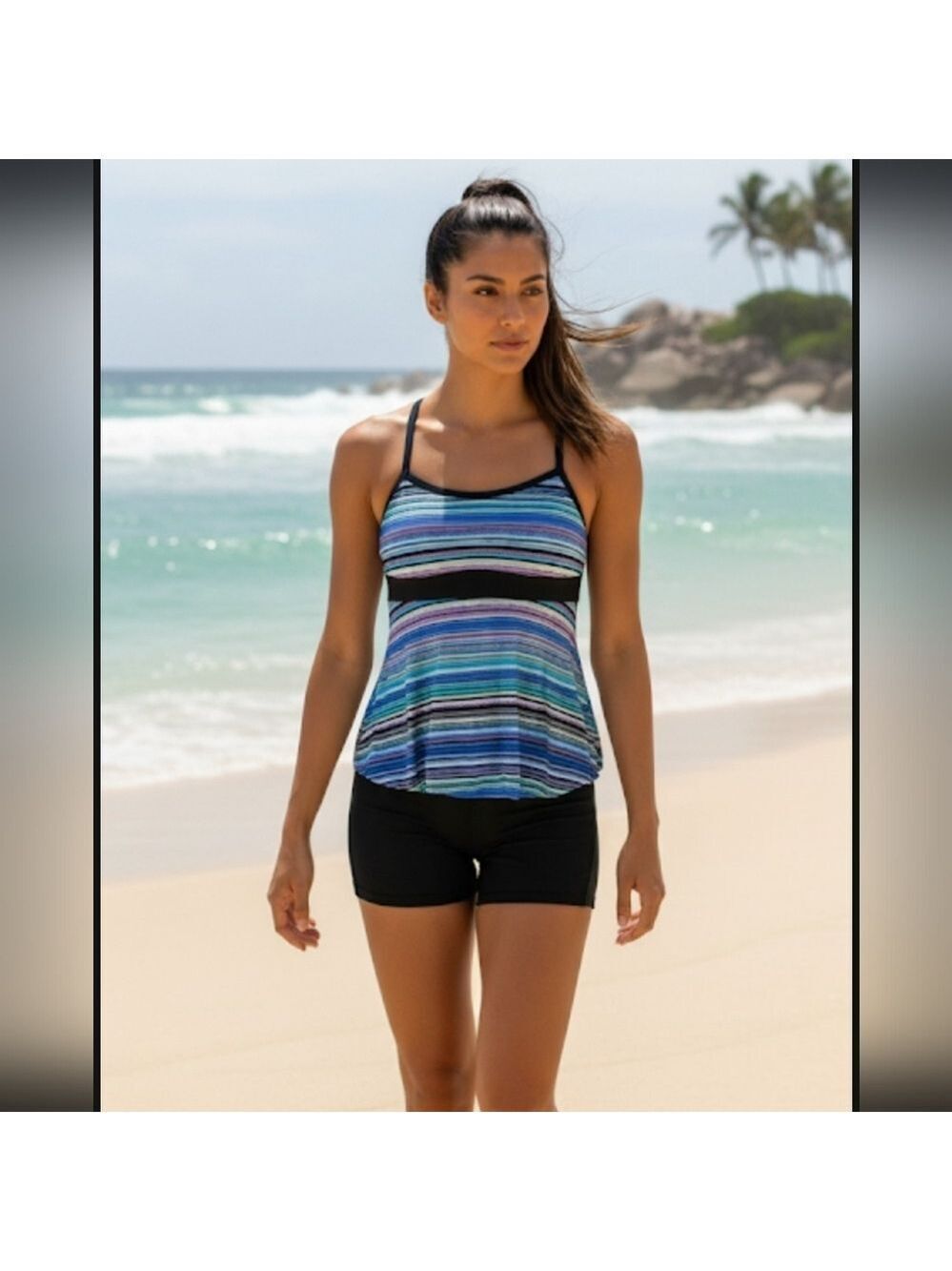 Nike Colorful Logoed Halter Striped Tankini Top Black Accents, Size 8,EUC
